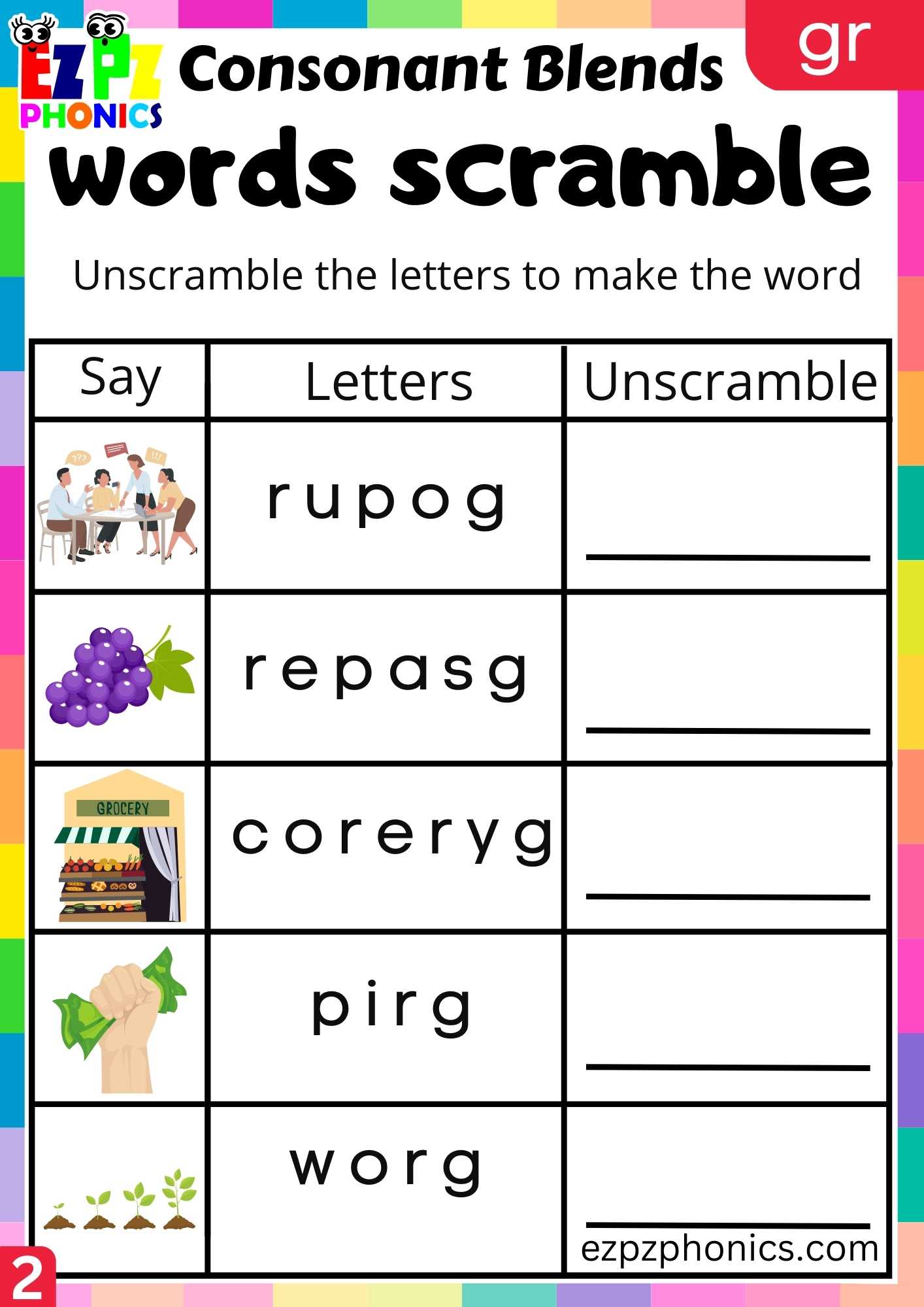 Group2 GR Words Words Scramble Phonics Consonant Blends Worksheet